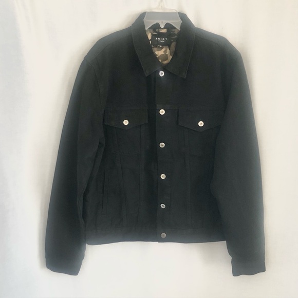 Triot Los Angeles Black Denim Trucker Jacket Men's XL NWT Camo Lining - Picture 1 of 15